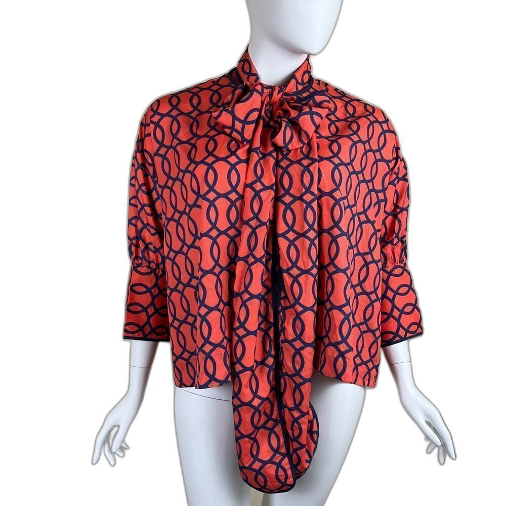 Gretchen Scott Women Size M Red Impossibly Fabulous Blouse Oversized Neck Tie